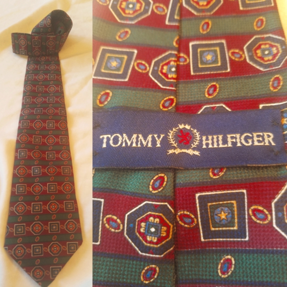 Vintage Tommy Hilfiger Italian Silk  Men's Neck Tie Maroon, Navy Dark Green